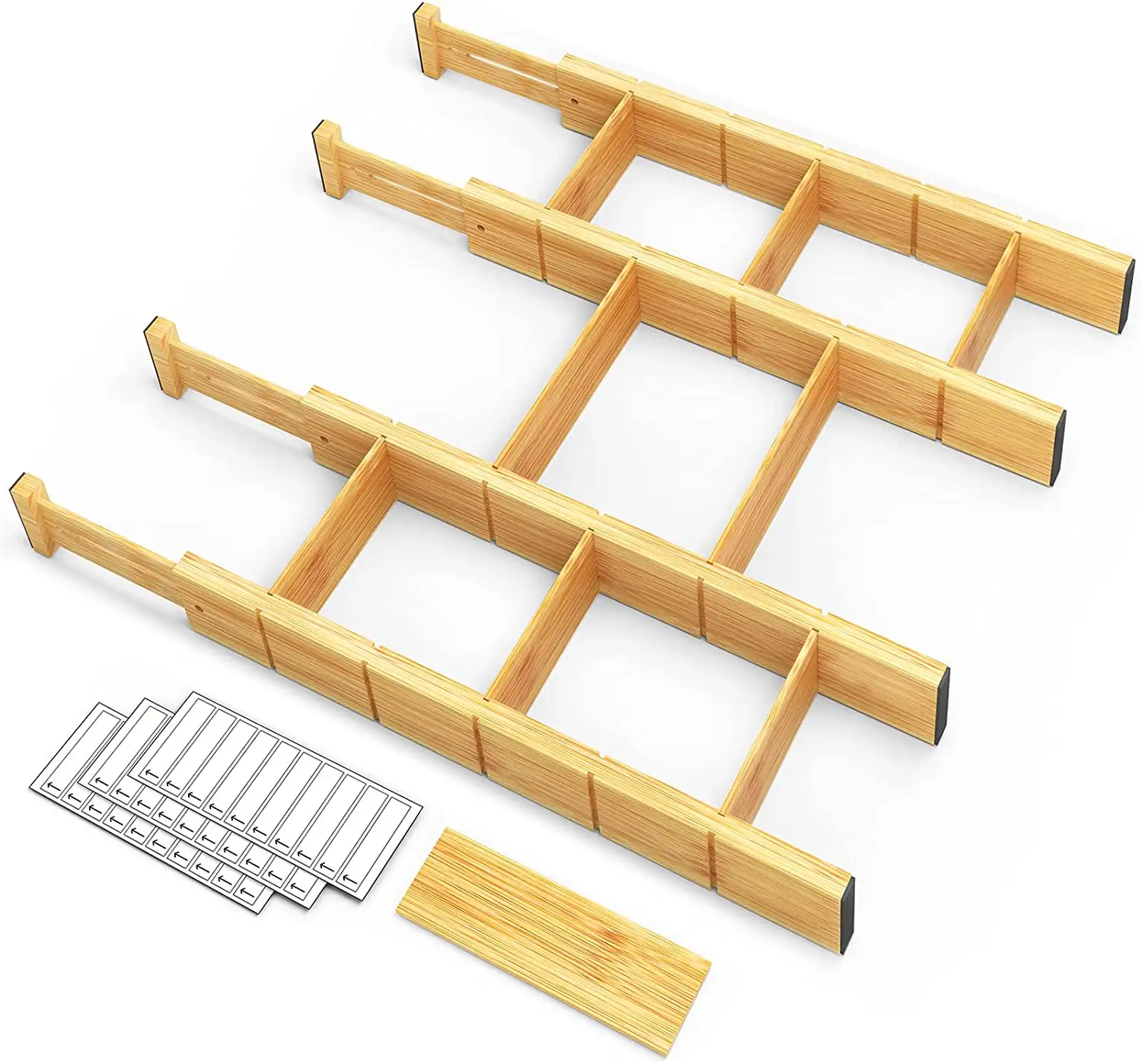 Bamboo Drawer Dividers with Inserts and Labels, Kitchen Adjustable Drawer Organizers, Expandable Organization for Home, Office,