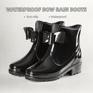 Bottes de pluie imperméables à la cheville pour femmes, couleur unie, avec boucle mignonne, élégantes, décontractées, antidérapantes, à semelle épaisse - Product Image 2
