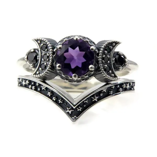 Hecate Triple Moon Ring Set Amethyst oder roter Kristall Ehering Einzigartige Mondgöttin Ringe für Frauen Gothic Geschenk