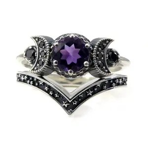 Hecate Triple Moon Ring Set Amethyst Or Red Crystal Wedding Ring Unique Moon Goddess Rings For Women Gothic Gift