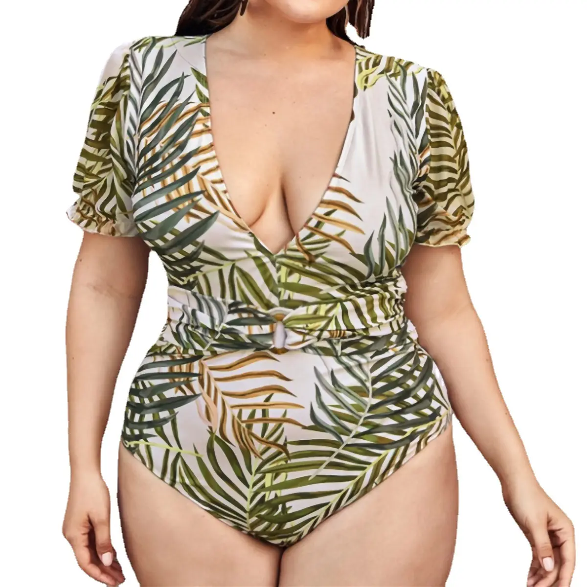 Plunge V Neck Plus Size Einteiliger Badeanzug für Frauen mit Bauch kontrolle Kurzarm Große Bodysuit Bademode 4XL