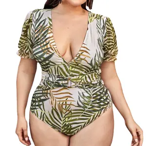 डुबकी वी गर्दन प्लस आकार एक टुकड़ा बिकनी पेट नियंत्रण के साथ महिलाओं के लिए लघु आस्तीन बड़े आकार Bodysuit Swimwear के 4XL