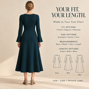 Abito Midi Scolpito da Donna Personalizzato OEM, Blu Inchiostro, con Maniche a Tromba e Contorno a Gommino, per Museo, Ricevimento, Inverno, Atelier, Private Label - Product Image 2