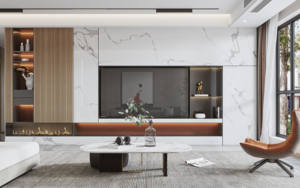 Meuble mural TV moderne en bois de style européen, fabriqué sur mesure par l'usine du Guangdong, avec rangement, <span class=keywords><strong>traitement</strong></span> anti-humidité et anti-corrosion - Product Image 2