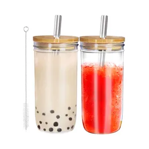 Glass Jars 24oz Wide Mouth Smoothie Cups Reusable Boba Tea Cups with Bamboo Lids and Silver Straws