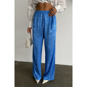 Pantalon décontracté en satin jacquard pour femme, respirant, bleu, taille élastique, coupe large, taille XL, couleur unie, fermeture élastique - Product Image 4