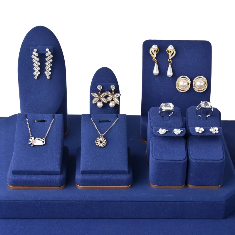 Jinsky individuelles Design Luxus klassisch blau samtbezogen Schmuck-Vorführständer für Ohrringe Ring Halskette Schmuck-Vorführständer-Set