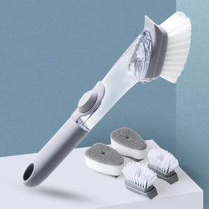 Cepillo de limpieza de cocina 2 en 1 al por mayor con mango largo, dispensador de jabón y esponja para fregar ollas y platos, limpiador extraíble - Product Image 1