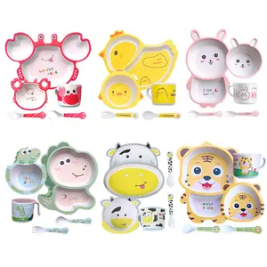 Baby Cartoon Vorm Serviesgoed Baby Schotels Set Babyvoeding Plaat Bamboe Vezel Materiaal Kinderen Compartiment Voedselbord Kom