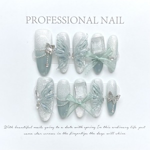 Faux <span class=keywords><strong>ongles</strong></span> à presser faits main, effet papillon en jade vert, œil de chat effet slush, super brillants, féeriques, pour filles - Product Image 3