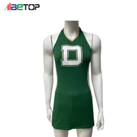 Jupe de cheerleading vert foncé accrocheuse à col licou, bordure dorée, dos ouvert, logo imprimé grandes lettres, costume de danse pour adulte