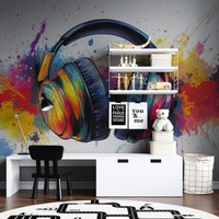 Grafiti Musik Dinamis Grosir, Mural Non Woven Ukuran Kustom, Seni Dinding Headphone Warna-warni untuk Ruang Pria, Bar Musik, Tahan Api