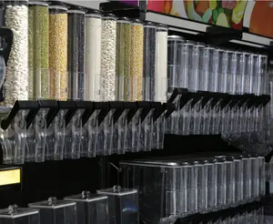 Ecobox-cubo de gravedad de plástico transparente, hermético, dispensadores de cereales de nueces de caramelo a granel para supermercado