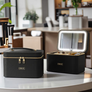 Trousse de maquillage OBOX avec miroir, grande capacité, sac cosmétique pour femmes, rangement portable pour voyage, couleur unie, velours côtelé, poignée souple - Product Image 1