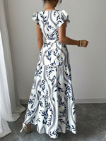 Vestido Largo Sexy con Estampado y Volantes, Cuello en V, Ajustado, Nueva Colección Primavera-Verano, Gran Venta