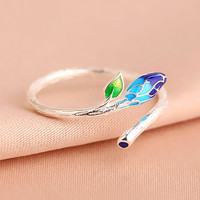 Style coréen Simple élégant artistique ethnique époxy cloisonné anneau ouvert pour les femmes frais feuille Design anniversaire