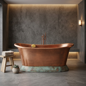 Bañera Ovalada Independiente de Cobre con Acabado Rústico y Base Decorativa, Bañera de Metal para Baño - Product Image 1