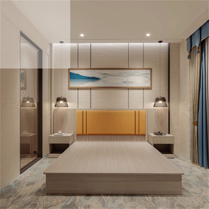 Ensemble de meubles de chambre d'hôtel commerciaux modernes à bas prix en gros d'usine, lit à cadre en bois, tête de lit capitonnée, bureau, tables de chevet - Product Image 1