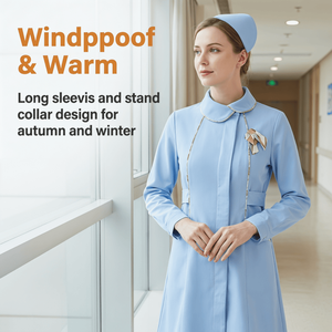 Abito Uniforme da Infermiera per Donna, Blu Chiaro, Autunno/Inverno, Maniche Lunghe, Tessuto Dobby in Poliestere, Colletto a Petalo, Disponibile - Product Image 1
