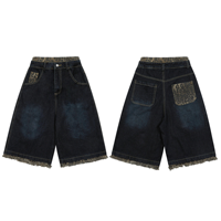Shorts en jean camouflage pour homme, bleu foncé, taille élastique, passants de ceinture, poches obliques, poche arrière, coupe ample, longueur mi-cuisse