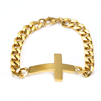 Bracelet unisexe en chaîne cubaine plaqué or 18 carats avec pendentif croix plate et diamants, thème religieux chrétien - Grande Vente