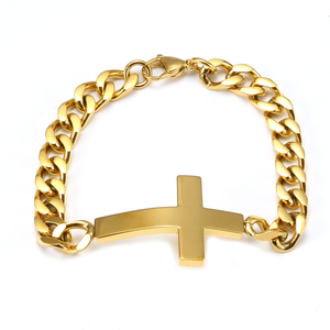 ลดราคา! สร้อยข้อมือสแตนเลสสตีล 316L ชุบทอง 18K แบบ Cuban Chain พร้อมจี้รูปกางเขน สื่อถึงความเชื่อทางศาสนาคริสต์ - Product Image 1