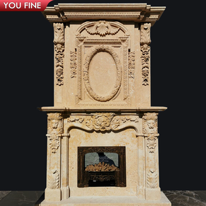 <span class=keywords><strong>Cheminée</strong></span> à double couche YOUFINE en marbre crème sculpté à la main avec manteau de <span class=keywords><strong>cheminée</strong></span> à motif acanthe, lion et colonnes cannelées pour villa - Product Image 5