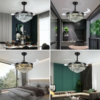 Ventilateur de plafond vintage noir en cristal avec éclairage LED, 3 couleurs changeantes, pour salle à manger et salon, vente en gros