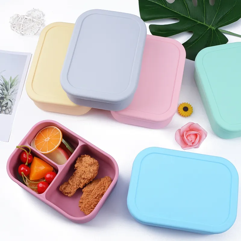 custom reusable 3 compartment bpa free school baby children food storage container leak proof kids silicone bento lunch box