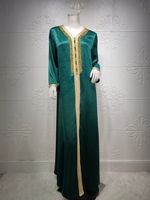 Robe longue de soirée Abaya élégante et modeste pour femmes du Moyen-Orient, col en V, ornée de strass et de tresses, manches longues, style islamique