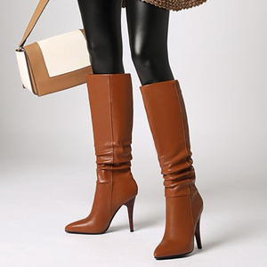 Bottes hautes à bout pointu pour femmes, design plissé, grande taille 43, à enfiler, talon fin, bottines longues pour femmes - Product Image 6