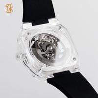 Montre mécanique automatique OEM ODM, boîtier carré squelette transparent en acrylique, bracelet en silicone, logo personnalisé, montre de sport pour homme