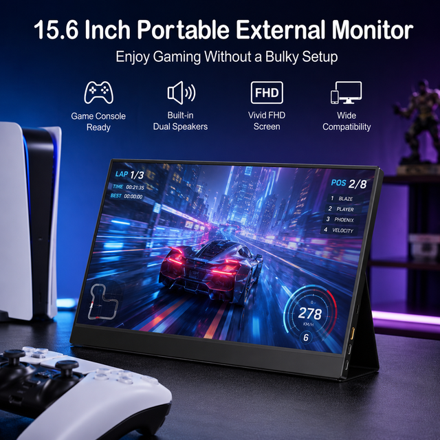 15.6 Inch Portable Monitor for Laptop FHD 1080P USB C Mini HDMI External Second Screen with Dual Speakers for Office Travel
