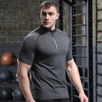 T-shirt de sport uni à manches courtes pour hommes européens et américains, col montant demi-zippé, séchage rapide, extensible, pour le fitness