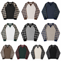 T-shirts gaufrés à col rond en coton 100% 220 GSM avec design à points en V, impression DTG graphique à carreaux personnalisée, manches longues raglan, collection automne