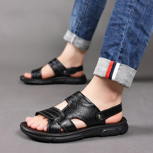 Sandales plates en cuir de vachette pleine fleur, antidérapantes, avec bande élastique, noir et marron, tailles 36-50, chaussures de plage pour hommes, pour l'été - Product Image 2