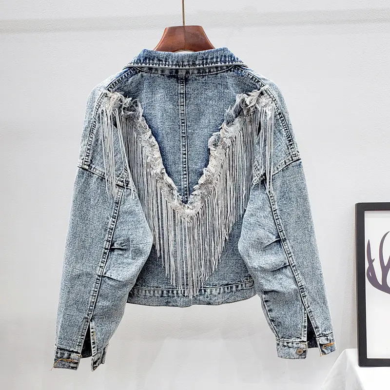 2024 Frühling Neue stilvolle Luxus Damen Overs ize Drop Shoulder Cropped Kurz mantel Pailletten Quaste Denim Jeans Jacke für Frauen