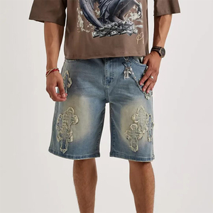 Shorts de mezclilla para hombre, diseño vintage, transpirables, con logotipo personalizado, apliques bordados, corte recto, lavado descolorido, estilo jorts, holgados. - Product Image 3