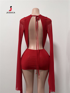 C0222-Nuovo Abito Sexy Mini Bodycon Trendy con Scollo a V Profondo, <span class=keywords><strong>Maniche</strong></span> <span class=keywords><strong>Lunghe</strong></span> in Rete e Schiena Scoperta per Donna, Stile Streetwear - Product Image 5