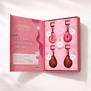 Set de 4 Bálsamos Ceramida Milkshake Kindalys en Caja Rígida Rosa con Impresión de Logotipo UV para Uso Cosmético - Product Image 1