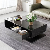 Table basse au profil bas avec rangement, plateau en verre transparent, table de salon design moderne pour appartement