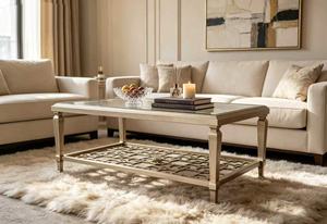 Table basse rectangulaire moderne en verre doré champagne avec étagère en treillis pour salon - Product Image 2