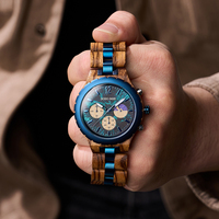 Jam Tangan Quartz Kayu dan Baja Tahan Karat Biru Ramah Lingkungan dengan Fase Bulan untuk Hadiah