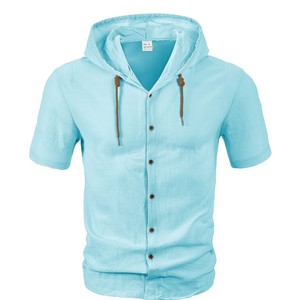 Custom <b>Men</b> <b>Short</b> <b>Sleeve</b> Knitted Hooded Shirt Embroidery Logo 145GSM 100% Cotton Resort Streetwear Top - Product Image 3