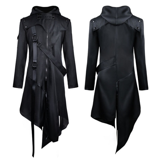 BAIGE Halloween Retro Steam Punk Gothic Cape Long Sleeve Hooded With Metal Button Long Trench Mens Sport Coat Winter Coat