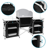 Cuisine de camping en aluminium portable, table de cuisson pliable d'extérieur avec pare-vent et 3 armoires de rangement pour les barbecues, les fêtes et les pique-niques