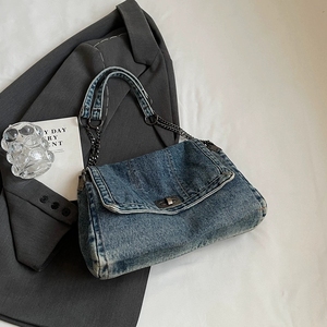 Bolso de Hombro Grande para Mujer 2026, Estilo Retro Casual, de Mezclilla, Tipo Tote y <span class=keywords><strong>Bandolera</strong></span>, con Cadenas, Venta al por Mayor, Azul Sólido, de Gran Demanda - Product Image 5