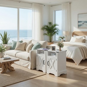 Set di 2 comodini bianchi in stile rustico con stazione di ricarica e spazio contenitore - Product Image 3