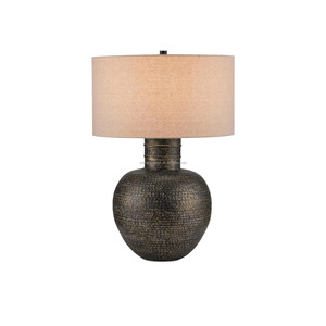 Antiqued Bronze Textured Vase Modern Rustic Table <b>Lamp</b> with Linen Shade | Industrial Artisan Lighting for Hotel Guest Room & Liv - Product Image 1