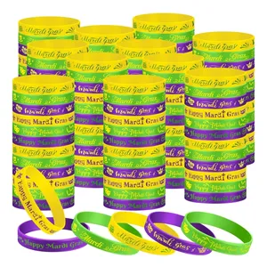 Ms-261 6Pcs Yellow Purple Green Silicone Bracelet Wristband Mardi Gras Bracelet Party Rubber Band Carnival Accessories Bracelet